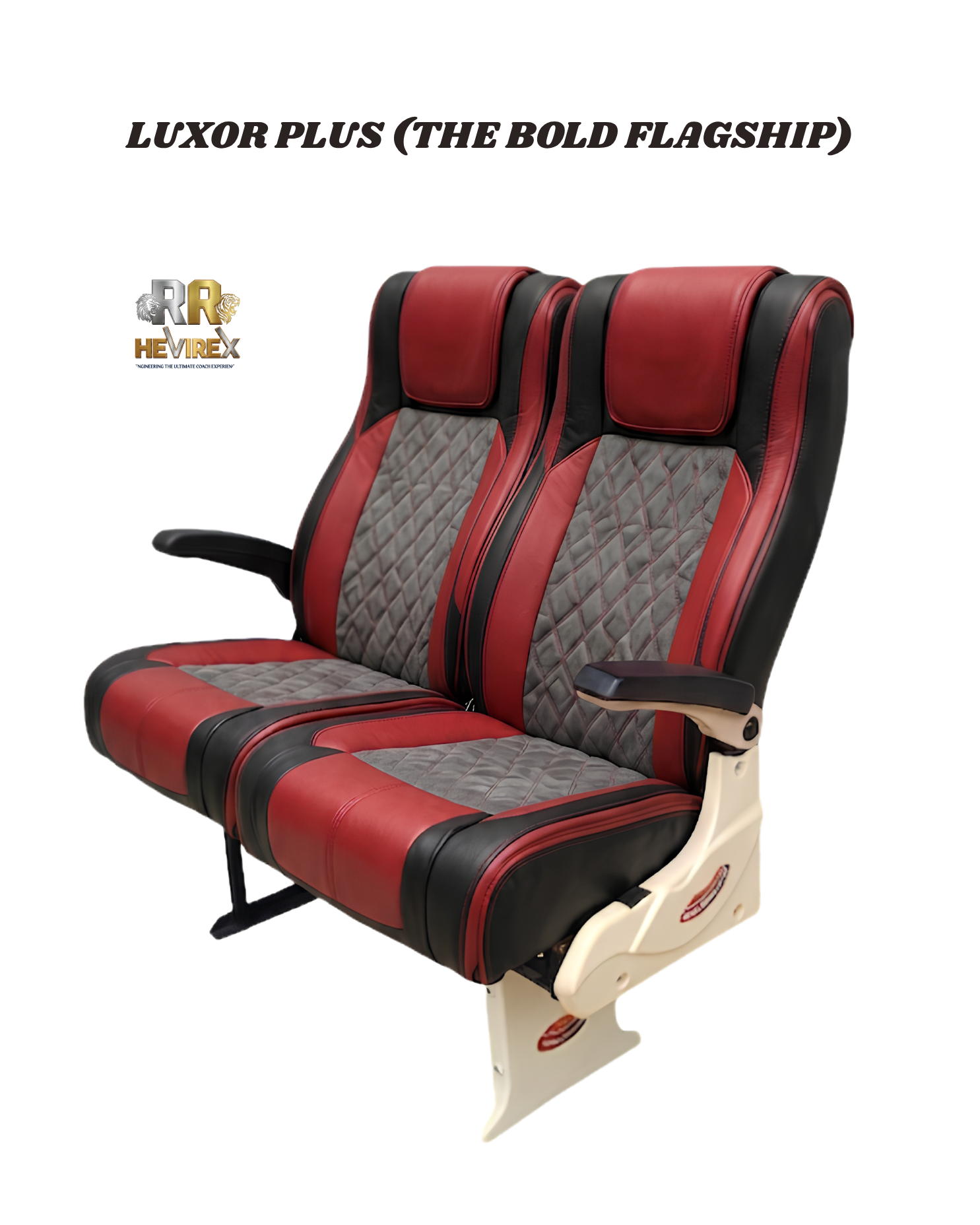 RR Hevirex Luxor Plus MODEL RRH-E01 — flagship luxury bus seat with premium leatherette upholstery, multi-stage recline mechanism and high-density PUF foam, executive interstate coach seating manufacturer Karur Tamil Nadu
